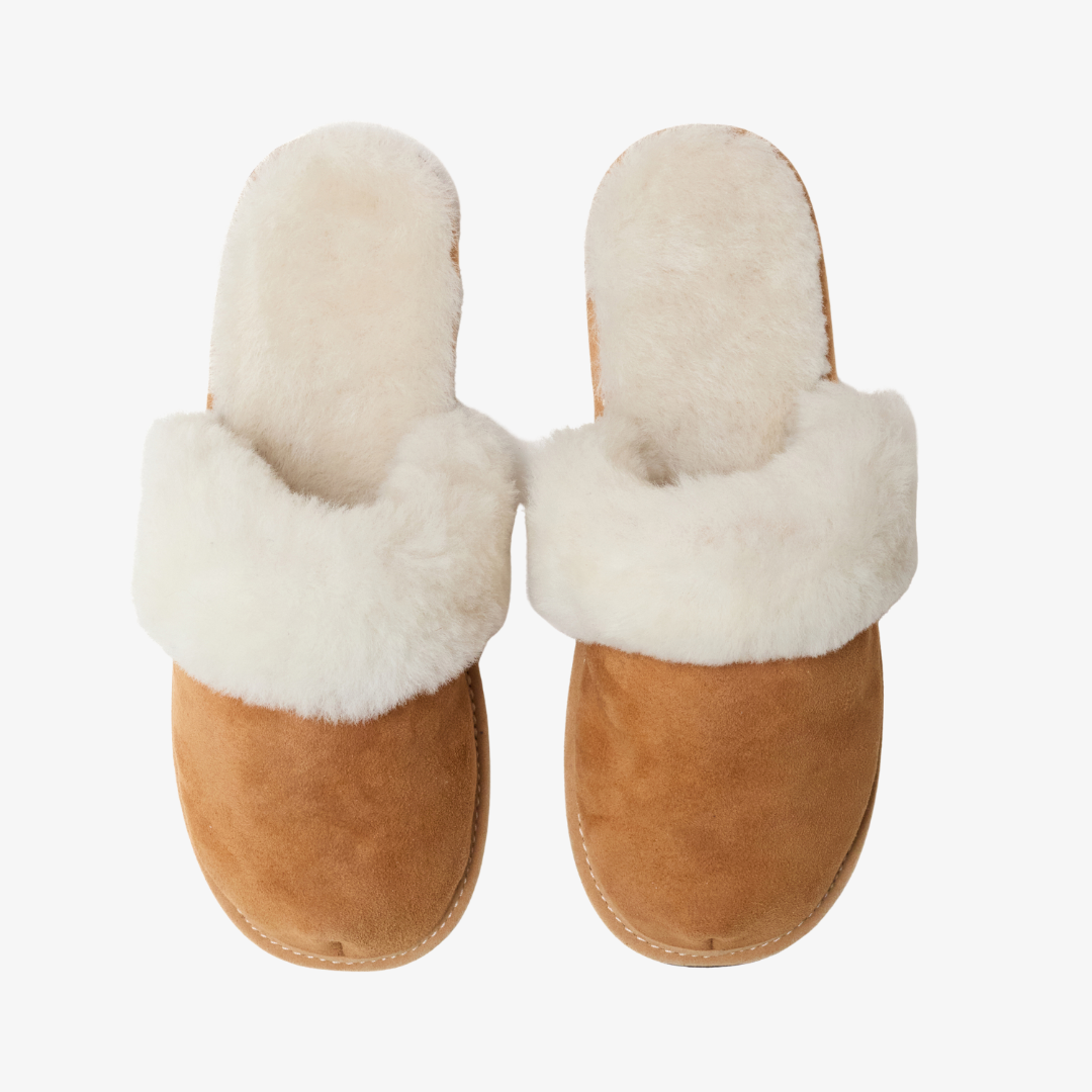 David shearing sheepskin cognac slipper